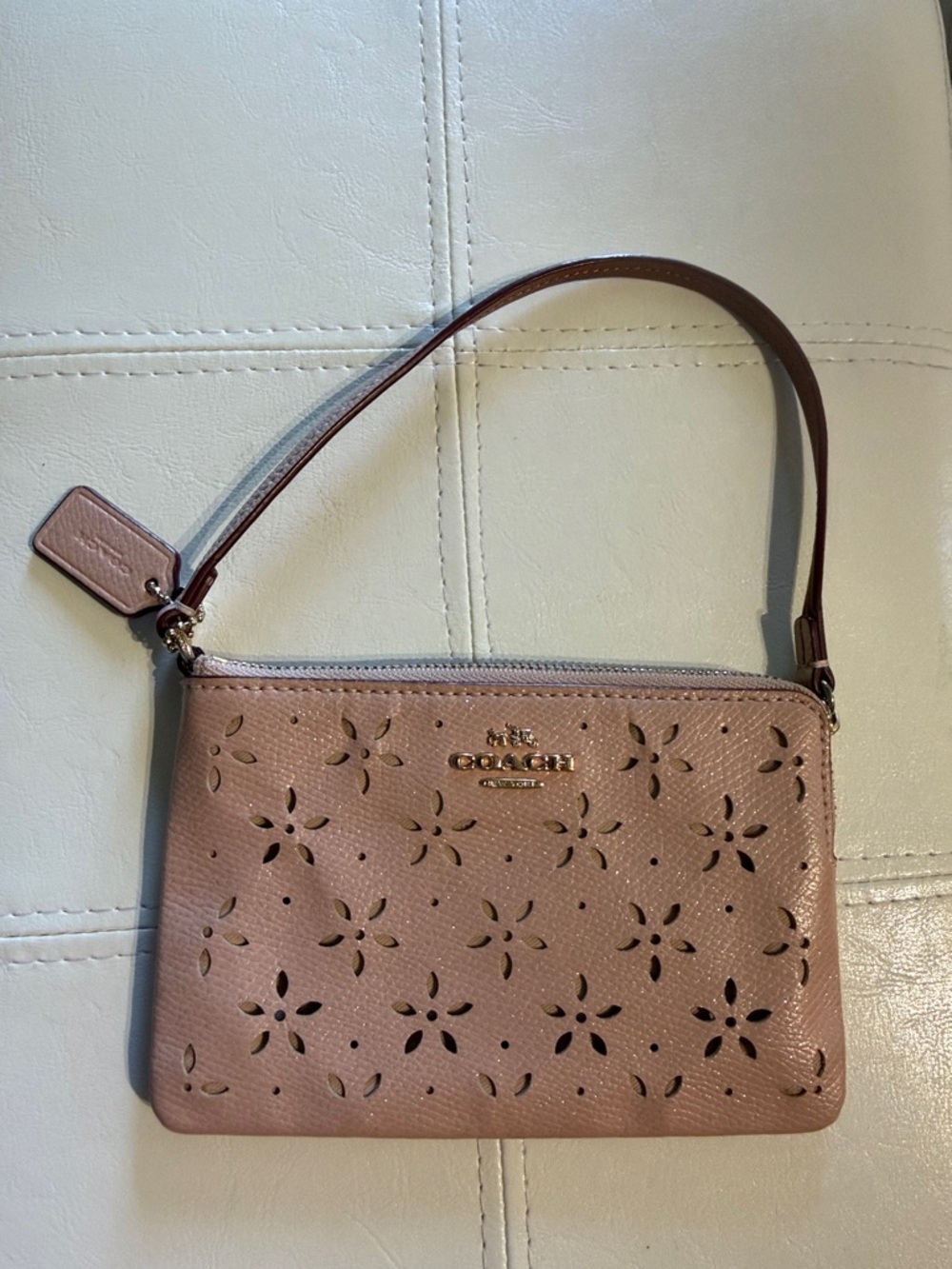 Coach Floral Perforated Sparkle Pink Floral Laser Cut Leather Wristlet EUC